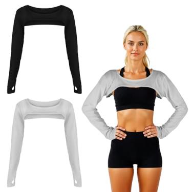 Imagem de Grevosea Pacote com 2 mangas de sol para mulheres, proteção UV, xaile refrescante, mangas de braço com orifício para o dedo para golfe, equitação e condução (preto + cinza)