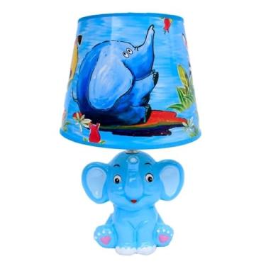 Imagem de Abajur de em Porcelana, Mesa Noturno Infantil Forma de Elefante com Cúpula Decorada, 30 cm, Luz de LED Noturna, Lampada de Mesa, Cabeceira Luxo, Luz Criança Bebe Fofa (Azul)
