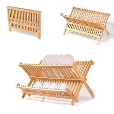 Imagem de HMTRADE Escorredor de pratos de bambu, escorredor de pratos dobrável de 2 camadas para balcão de cozinha, escorredor de pratos dobrável de bambu, suporte organizador de pratos de madeira para pratos