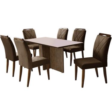 Imagem de Mesa de Jantar Los Angeles 160x80cm em Linho com 6 Cadeiras California Minas Plac Cor Canela Off White com Tecido Marrom