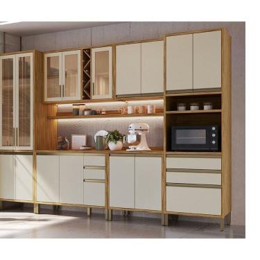 Imagem de Cozinha Modulada Completa 6 Peças 16 Portas com Vidro e Tampo 100% Mdf Barbados Espresso Móveis Amêndoa/Off White