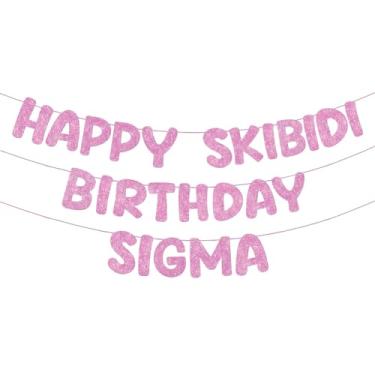 Imagem de Fulmoon Pré amarrado Happy Skibidi Birthday Sigma Banner Glitter Funny Zoomer Gen Z Gíria suprimentos de festa de aniversário Gen Z Decoração de festa de escória sinal presente (rosa)