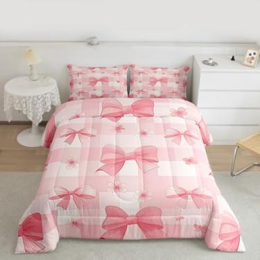 Imagem de jejeloiu Jogo de cama casal com laço e laço de princesa sonhadora para crianças, meninos, edredom xadrez, decoração de quarto, 3 peças com 2 fronhas