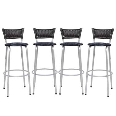 Imagem de Banqueta Altas Junco Preto Estrutura Prata 70cm Para Balcão Cozinha, Bar, Bistrô, Americano Kit 04 Unidades - Itagold (Assento Floral Preto)