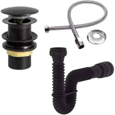 Imagem de Kit Válvula Click Preta Lavatório Cuba Sifão Sanfonado Universal Extensivo Preto Engate 40 cm inox