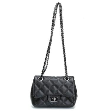 Imagem de Bolsa Cosenza Feminina Mini Bag, Couro Legítimo Matelassê, Alça Corrente (Preto C/Grafite)