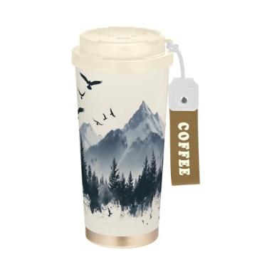 Imagem de SEHANY Caneca de viagem com paisagem de montanha em aquarela de 482 g, copos de café reutilizáveis revestidos de cerâmica com tampa à prova de vazamento, parede dupla, isolamento a vácuo, copo de café