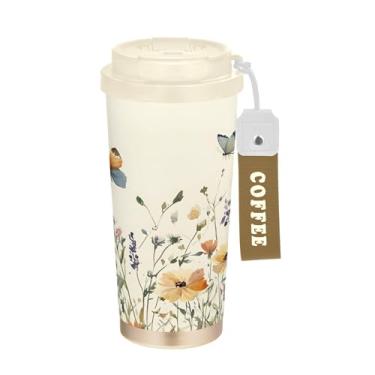 Imagem de SEHANY Caneca de viagem borboleta e flores de 482 ml Copos de café reutilizáveis revestidos de cerâmica com tampa à prova de vazamento, parede dupla, isolamento a vácuo, copo de café de aço inoxidável