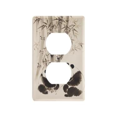 Imagem de Blueangle Placa de parede dupla de bambu panda chinês, tamanho padrão, placas de cobertura de tomada elétrica de 1 gangue para decoração de quarto de escritório em casa, 4,53 x 2,76 polegadas (230)