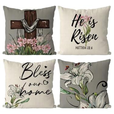 Imagem de GAGEC Capas de almofada de Páscoa 50 x 50 cm Conjunto de 4 fronhas He is Risen Bless Our Home com flores cruzadas para decoração de casa de fazenda para sofá, sofá, quarto, sala de estar