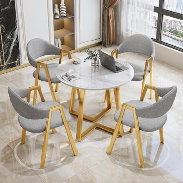 Imagem de Conjunto de mesa de negociação para sala de conferências, mesa redonda de recepção de escritório e conjunto de cadeira de sala de estar, mesa redonda de ardósia PU/algodão e linho conjunto de 5 peças