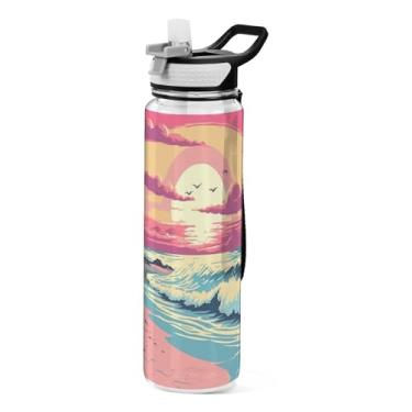 Imagem de Burbuja Garrafa de água Seagulls on Beach de 946 ml com tampa de palha, à prova de vazamento e livre de BPA para academia, esportes ao ar livre