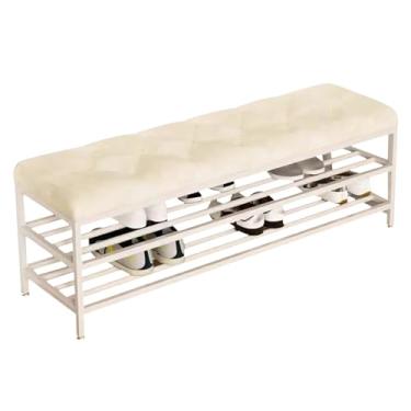 Imagem de Banco de armazenamento de sapatos estofado com almofada de veludo, sapateira de entrada com moldura de metal branco, móveis elegantes e funcionais para sala de estar e corredor