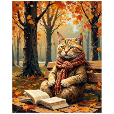 Imagem de Kit de pintura de gato de outono por números para adultos - DIY gato fofo lendo no banco pintura de outono em tela, conjunto de tinta acrílica, adequado para iniciantes, arte para decoração de casa ou