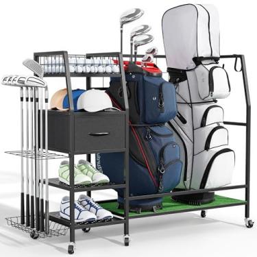 Imagem de Rack organizador de armazenamento de saco de golfe com rodas e gaveta, suporte de bolsa de golfe adequado para 2 bolsas e acessórios de equipamento, rack de armazenamento extra para bolas de tacos de