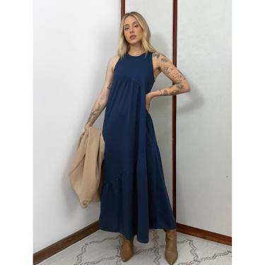 Imagem de Vestido Longo Feminino Soltinho malha algodão Aveloz Azul Marinho-Feminino