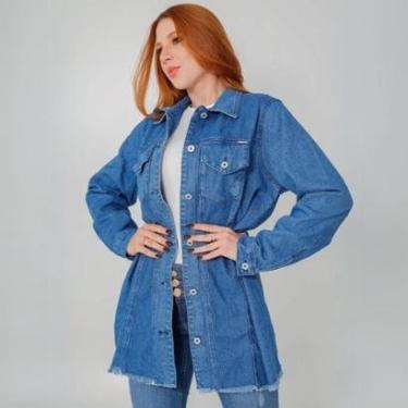 Imagem de Jaqueta Feminina Jeans Oversized Barra Desfiada Fecho em Botão-Feminino