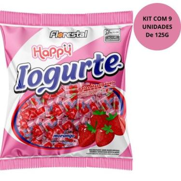 Imagem de Balas Mastigável Happy Iogurte De Morango 125G Kit Com 9