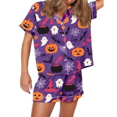 Imagem de Pijama SHESHOW Halloween feminino de cetim de manga curta roxo GG