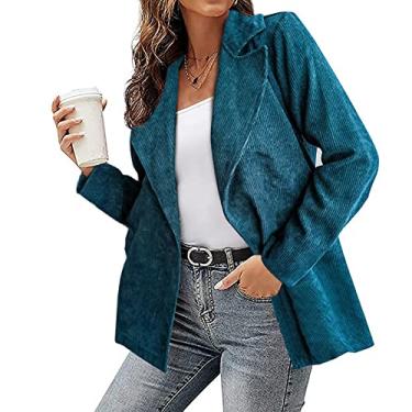 Imagem de Blazer feminino de cor sólida terno jaqueta cardigã de veludo cotelê jaqueta trabalho frente aberta manga longa casual terno slim fit, azul, XGG