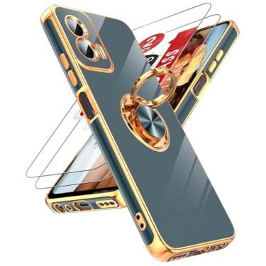Imagem de LeYi Capa para Motorola Moto G Power 5G 2024: com 2 protetores de tela de vidro temperado e suporte magnético giratório de 360°, suporte magnético com borda de ouro rosa, capa G Power 5G 2024, cinza