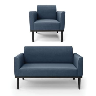 Imagem de Sofá Namoradeira Com Poltrona Base De Madeira Fixa Preto Marisa Suede D03 - D`Rossi Azul Marinho