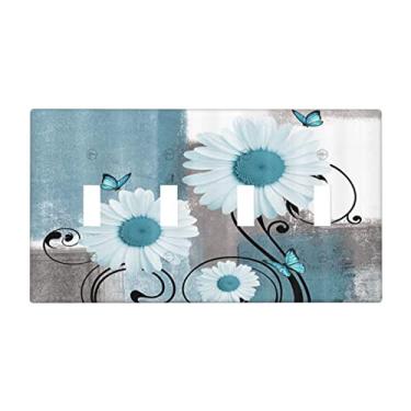 Imagem de Flor Margarida Floral Azul-Petróleo Abstrato Quad Toggle Light Switch Cover 4 Gang Placa de Parede Decorativa Placa Frontal Elétrica Tamanho Padrão para Cozinha Banheiro Decoração de Casa