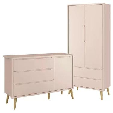 Imagem de Jogo de Quarto Infantil Theo Guarda Roupa 2 Portas e Cômoda com Pés Madeira Natural - Reller Móveis