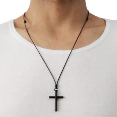 Imagem de Colar Cordão Masculino e Feminino com Pingente Crucifixo Cruz Preto Fo