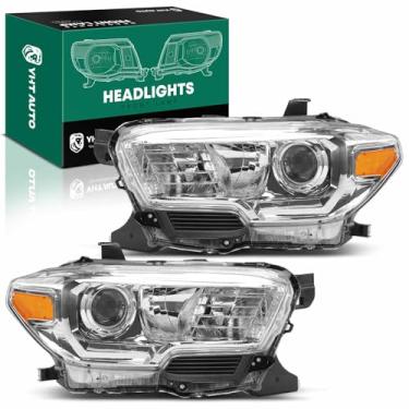 Imagem de YHTAUTO Conjunto de 2 faróis de substituição para Toyota Tacoma 2016-2023, lâmpadas de cabeça do lado do motorista e do passageiro, farol de lente transparente cromada, refletor de microprisma
