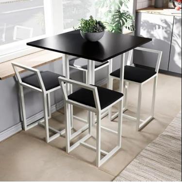 Imagem de Conjunto de Mesa 4 Cadeiras Pequena Estofado Tampo Preto Quadrado Industrial White (Preto)
