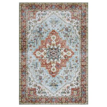 Imagem de COZYLOOM Tapete de área 8x10 boho tribal tapete vintage medalhão persa grande tapete lavável oriental antiderrapante tapete de chão para sala de estar quarto escritório dobrável creme/vermelho