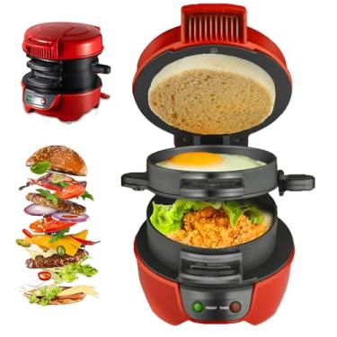 Imagem de Chapa redonda elétrica pequena, máquina de café da manhã com aquecimento dupla face, máquina de hambúrguer multifuncional de 5 minutos, sanduicheira doméstica destacável e lavável na máquina com anéis