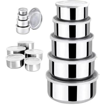 Imagem de KIT 5 POTES TIGELAS INOX GUARDA ALIMENTO BOWL SALADEIRA JOGO VASILHA COM TAMPA HERMETICO ALUMINIO