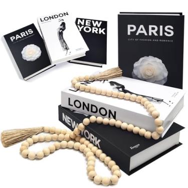 Imagem de Livros decorativos para decoração de casa, conjunto de 3 livros falsos preto e branco com borlas de contas de madeira, decoração de quarto estética para decoração de mesa de café, sala de estar,