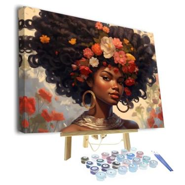 Imagem de Pintura por número para adultos, faça você mesmo, pintura de meninas negras, linda mulher afro-americana, pintura de flores por números, arte para iniciantes e entusiastas de pintura 40,6 x 50,8 cm