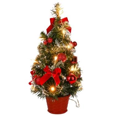 Imagem de Árvore de Natal de mesa, mini árvore de Natal artificial, mini árvore de Natal de plástico com faixa de luz LED, bolas, laços e pinhas para decoração de Natal/40 cm - Vermelho