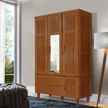 Imagem de Roupeiro Em Madeira Maciça Imperatriz 3 Portas 1 Porta Com Espelho Castanho - Marrom