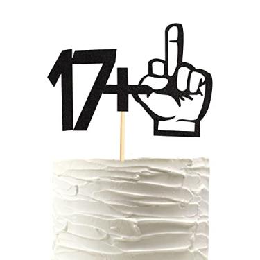 Imagem de Arthsdite Topo de bolo com glitter preto 17+1 dedo médio - Decorações de festa de aniversário de 18 anos - Artigos engraçados para festa de aniversário de dezoito anos