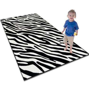 Imagem de HOJOMACA Tapete de zebra, lindo tapete falso preto e branco, fácil de cuidar, para áreas de alto tráfego, sala de estar, quarto, escritório em casa, 4 × 6 pés