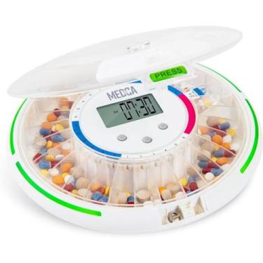 Imagem de Dispensador automático de comprimidos com organizador de medicamentos eletrônicos de 28 dias – Recipiente de comprimidos com chave com visor LCD, alarme de lembrete de luz e som para