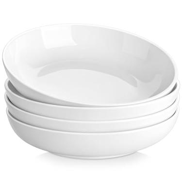 Imagem de MALACASA Tigelas grandes de macarrão de 25,4 cm, tigelas grandes de 1,587 g, tigelas de cerâmica para servir, conjunto de 4 tigelas largas e rasas, seguro para micro-ondas e lava-louças, série regular