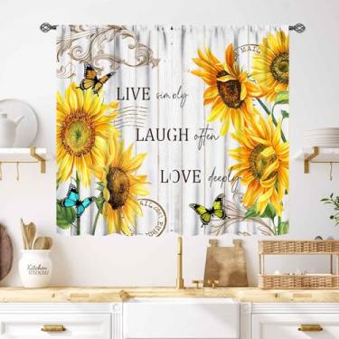 Imagem de Cortinas de cozinha florais de girassol, fundo de madeira retrô rural, cortinas de janela de girassol para sala de estar, quarto, celeiro, cortinas de tratamento de 2 painéis, 139 x 99 cm
