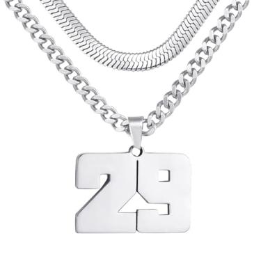 Imagem de Colar de número, colar em camadas para homens, colar com número de jérsei para menino atleta, corrente de prata 45,7 + 50 cm para homens com pingente de número 29, colares com número de basquete e