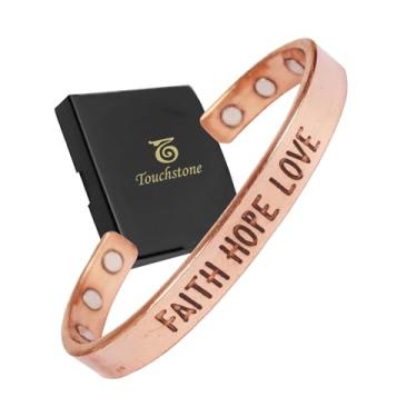 Imagem de Touchstone feito à mão por artesãos indianos qualificados, durável, de alto calibre, cobre puro, siga a fé, esperança, amor, mensagem, mantra, pulseira magnética inspiradora em tom natural.