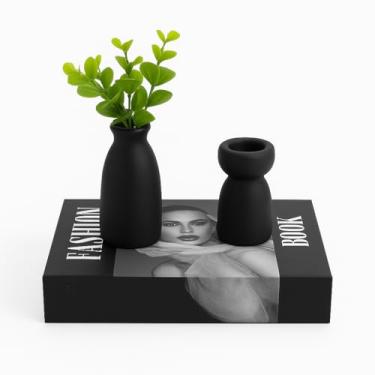 Imagem de Kit Decorativo com Livro Fashion Book, Vaso Preto com Planta Artificial e Castiçal Minimalista – Estilo Moderno para Sala, Quarto ou Escritório