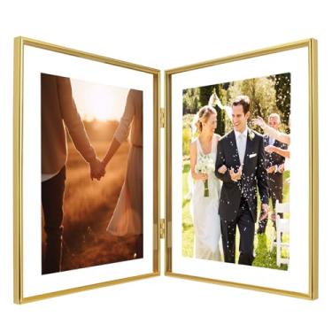 Imagem de AhaGo Moldura dupla dobrável de 20 x 25 cm, suporte de imagem flutuante dourado com dobradiça, para 19 x 20 cm, vertical, vidro, uso de mesa, elegante para Ação de Graças, casamento ou aniversário