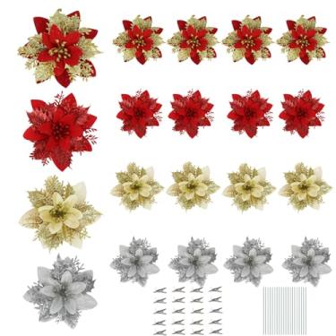 Imagem de Andiker 10 flores artificiais de Natal de 13 cm/5 polegadas, flores de árvore de Natal com glitter com clipes e arame, decorações de Natal para mesas de guirlanda de árvore de Natal e festas (20, ouro