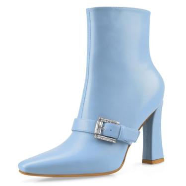 Imagem de Perisis Botas de cano curto, salto alto, grosso, preto, bico quadrado, fechado, curto, com zíper lateral, salto de 10 cm, padrão de crocodilo para mulheres e mulheres sexy, Poliuretano azul-claro, 35