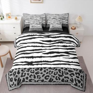 Imagem de Feelyou Conjunto de edredom Queen com listras de zebra, para crianças, meninos e meninas, estampa de leopardo, cama de guepardo e pele de zebra em um saco, para decoração de quarto de microfibra macia